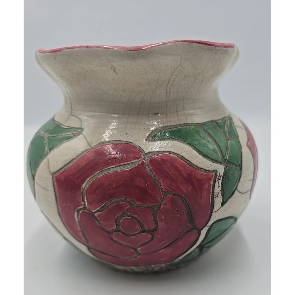 Vintage Rose Floral Ceramic Vase Crackle Glaze Pink Green